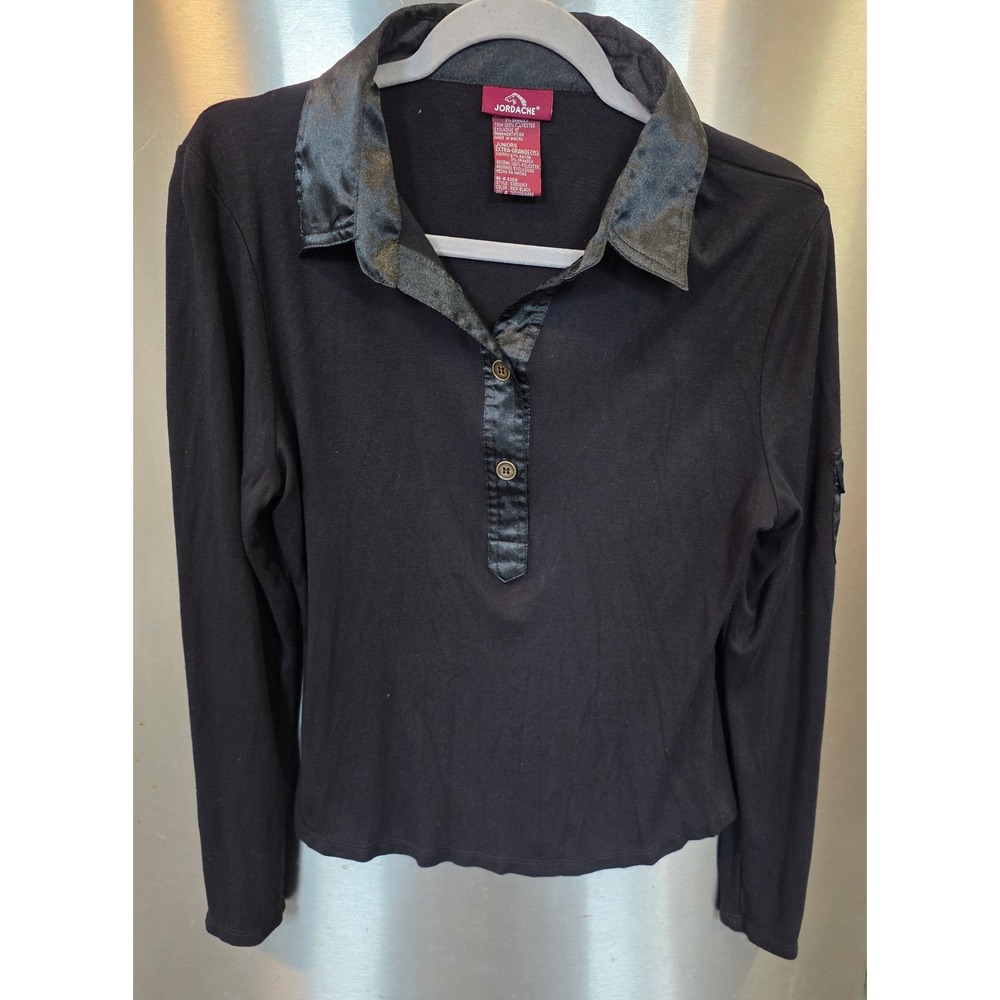 Jordache Womens XL Polo Top Black Satin Trim Cargo Sleeve Y2K Edgy 530SU163